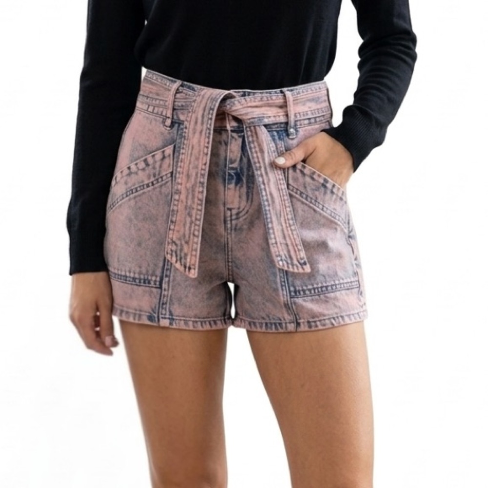 Joie Washed Denim High-Waist Tie-Belt Shorts in Light Blue/baby pink NWT 25